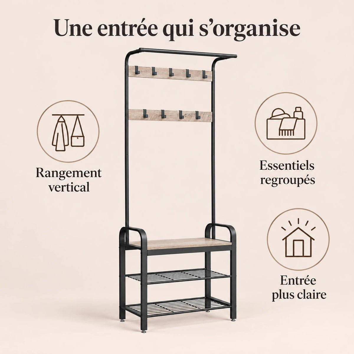 Porte-manteau vestiaire grège noir 9 crochets avec banc - benefices et organisation