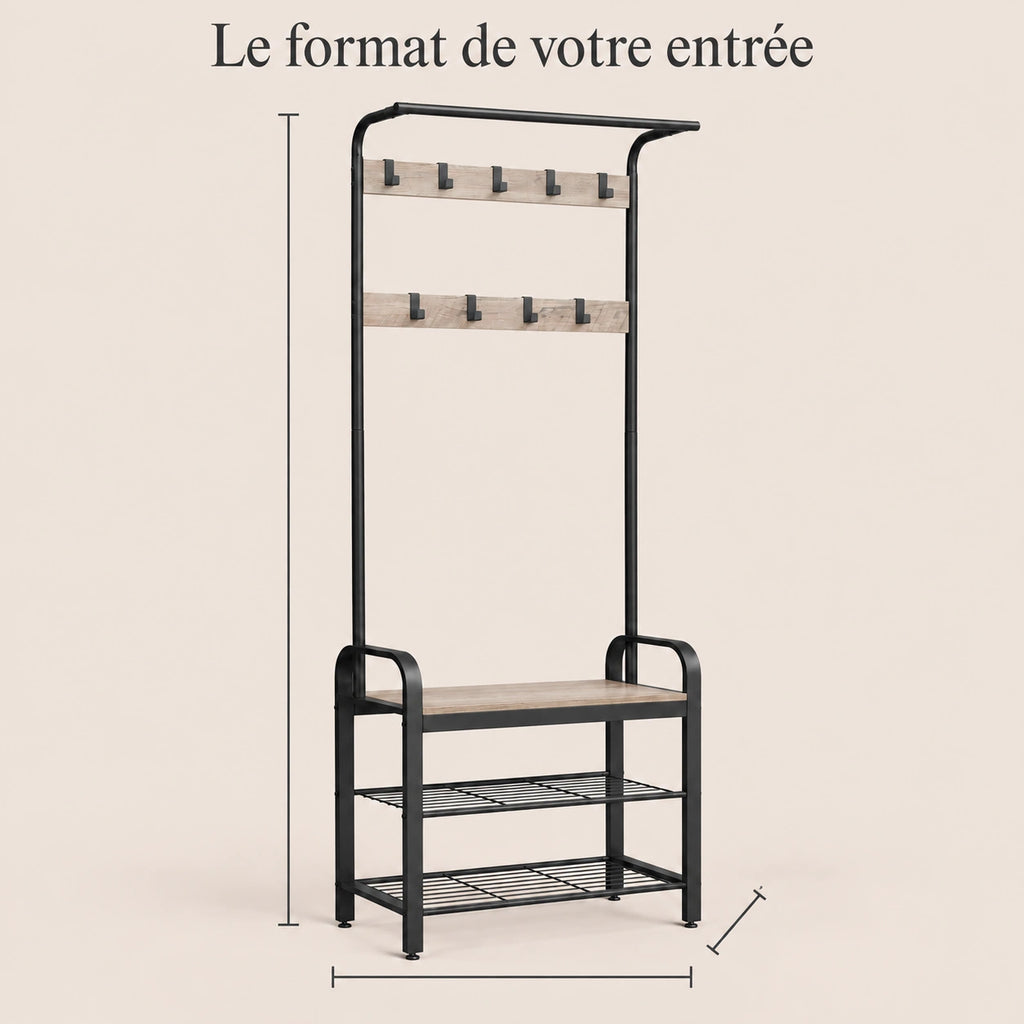 Porte-manteau vestiaire grège noir 9 crochets avec banc - format dans une entree