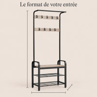 Porte-manteau vestiaire grège noir 9 crochets avec banc - format dans une entree