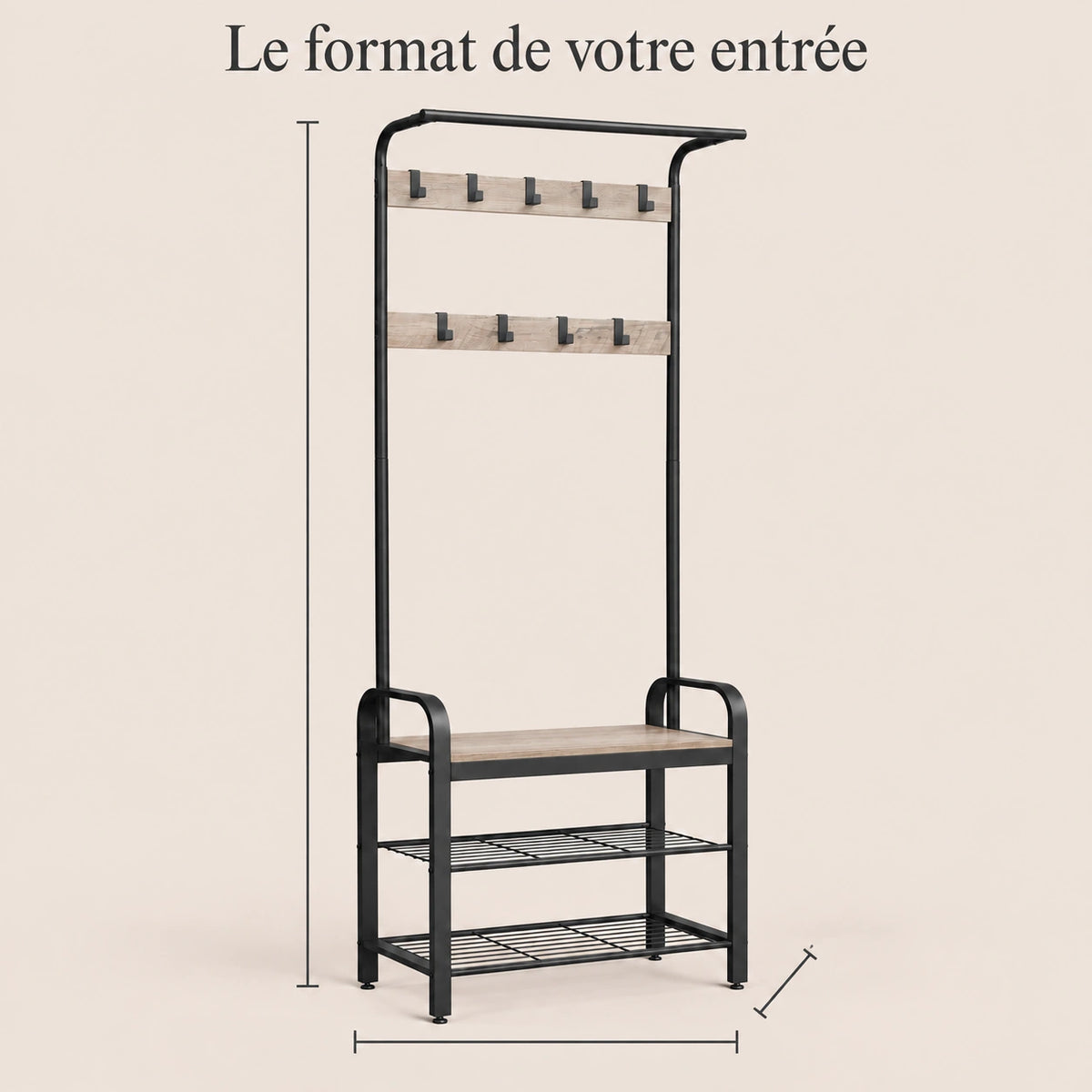 Porte-manteau vestiaire grège noir 9 crochets avec banc - format dans une entree