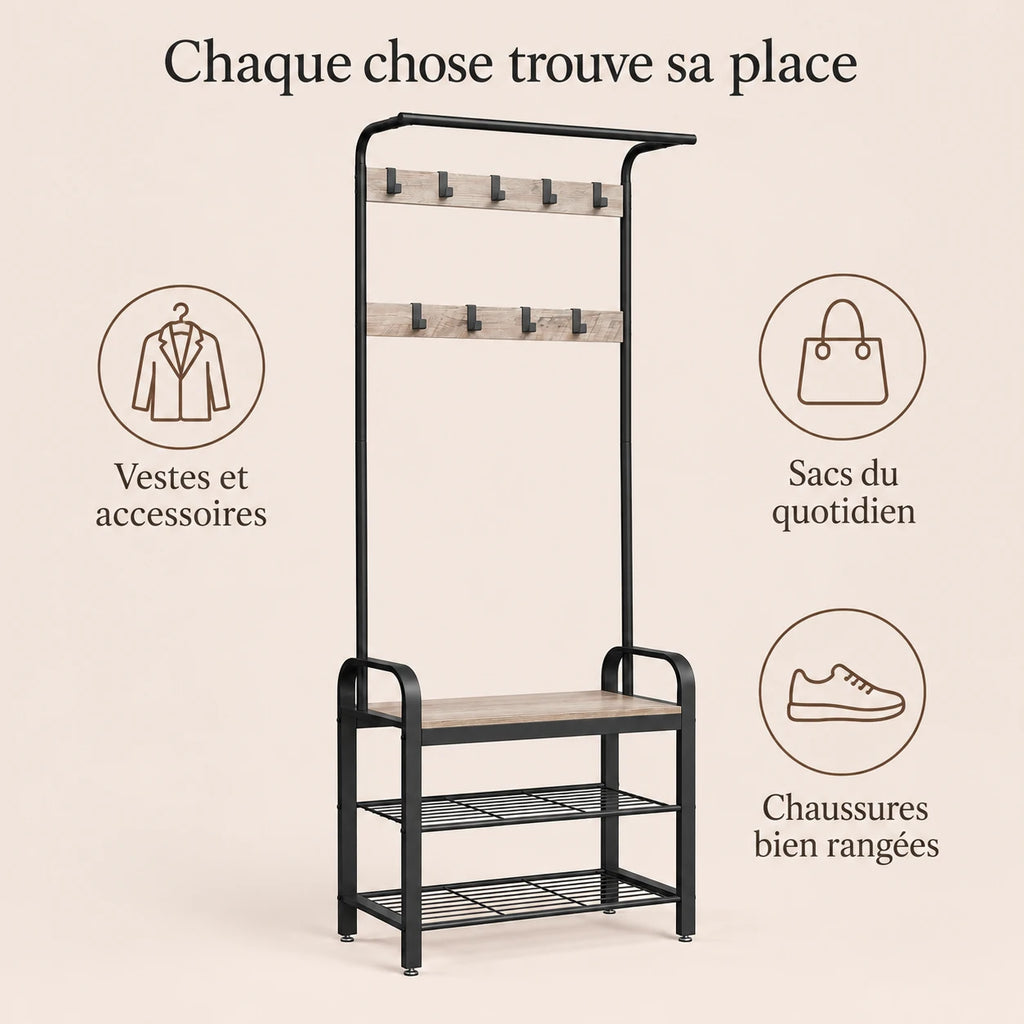 Porte-manteau vestiaire grège noir 9 crochets avec banc - conseils utilisation