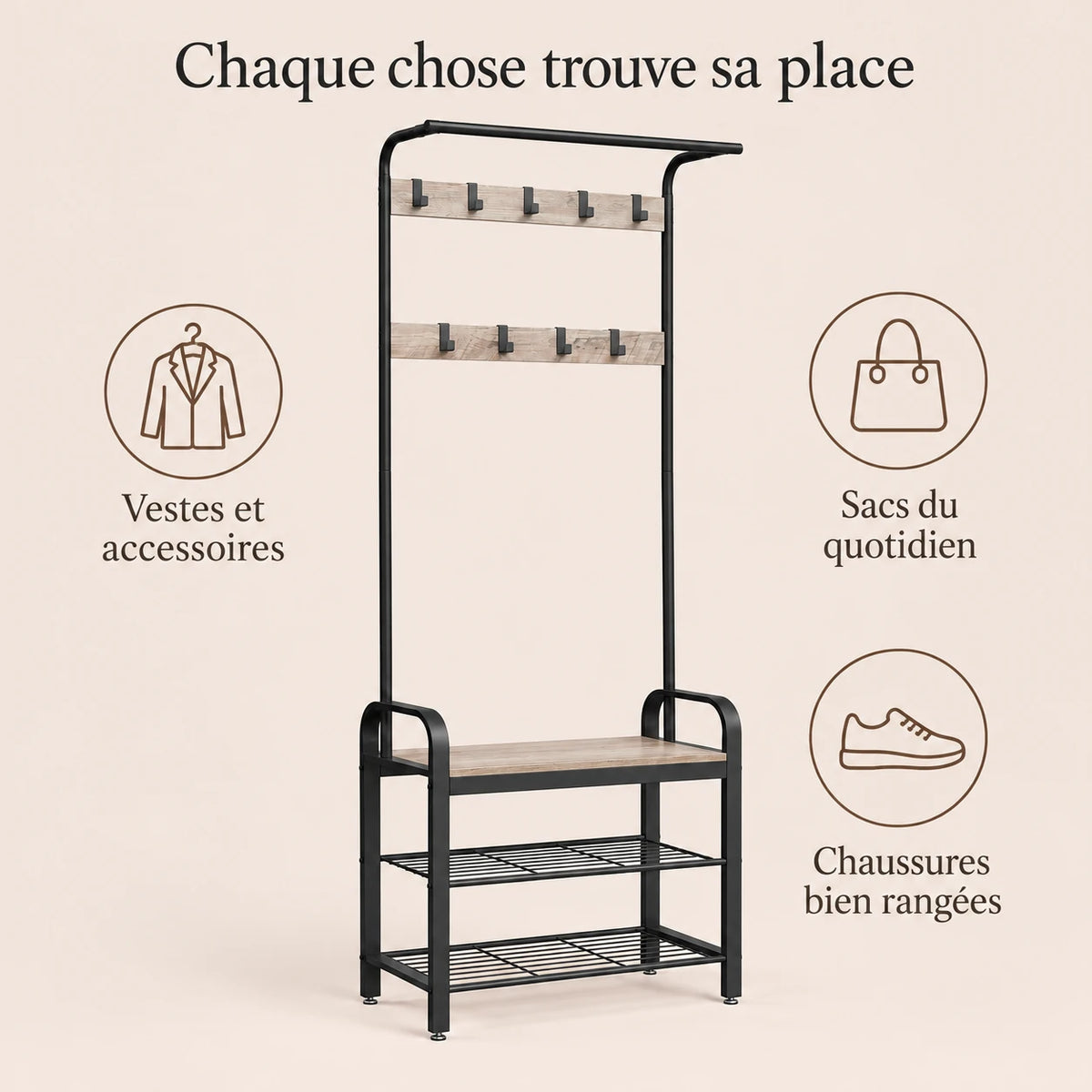 Porte-manteau vestiaire grège noir 9 crochets avec banc - conseils utilisation