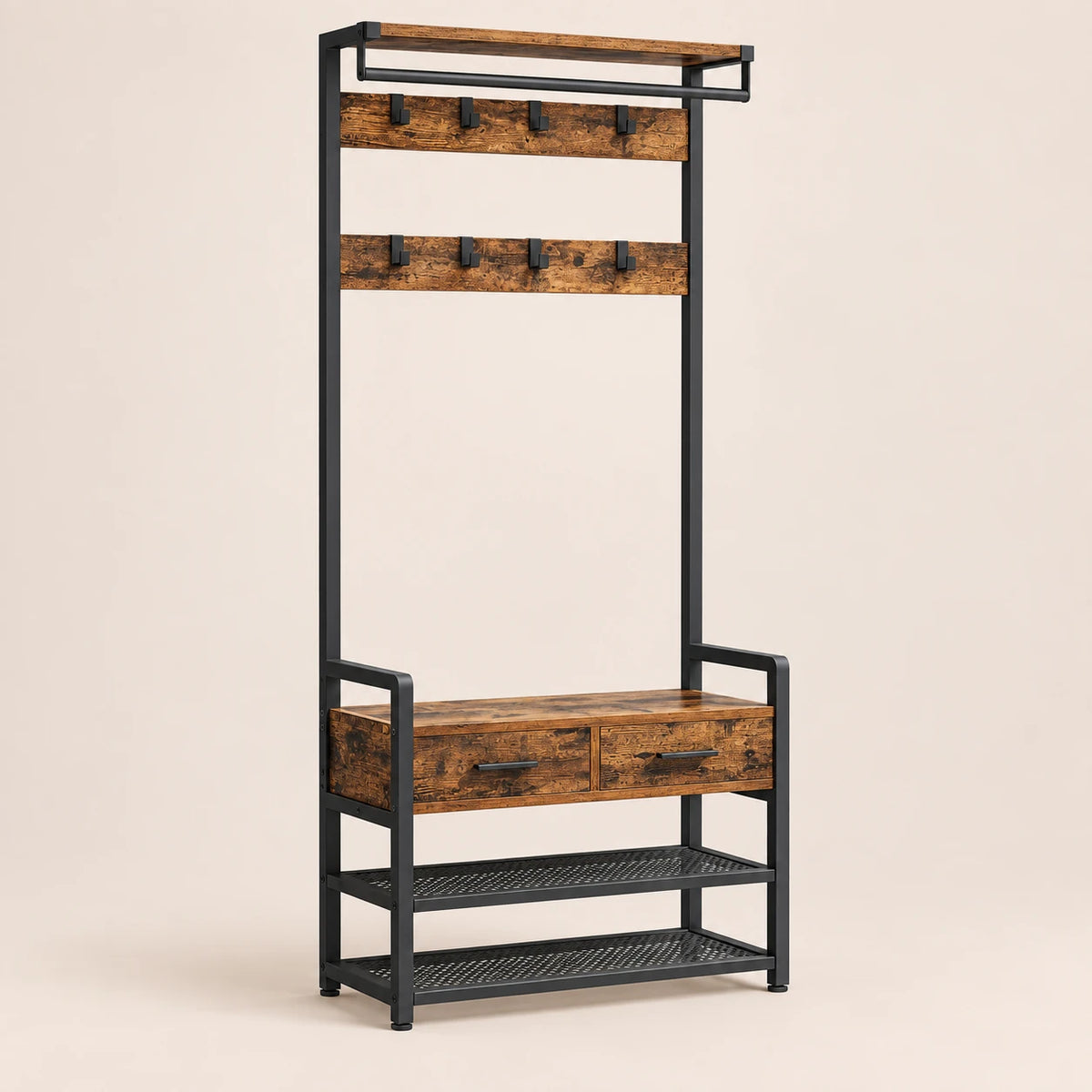 Porte-manteau vestiaire industriel 6 en 1 avec banc et tiroirs - vue principale