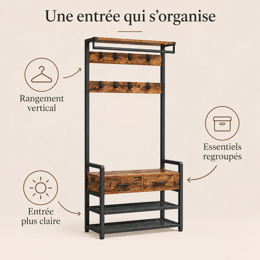Porte-manteau vestiaire industriel 6 en 1 avec banc et tiroirs - benefices et organisation