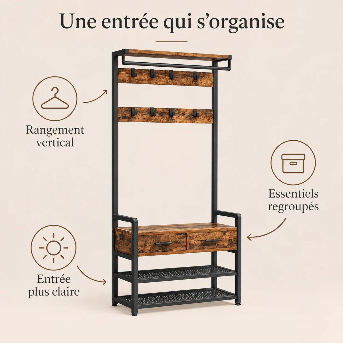 Porte-manteau vestiaire industriel 6 en 1 avec banc et tiroirs - benefices et organisation