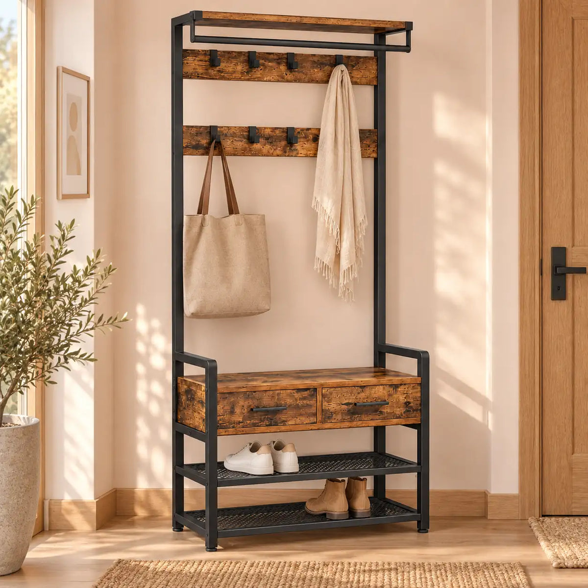 Porte-manteau vestiaire industriel 6 en 1 avec banc et tiroirs - mise en scene dans une entree