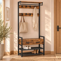 Porte-manteau vestiaire industriel 6 en 1 avec banc et tiroirs - mise en scene dans une entree