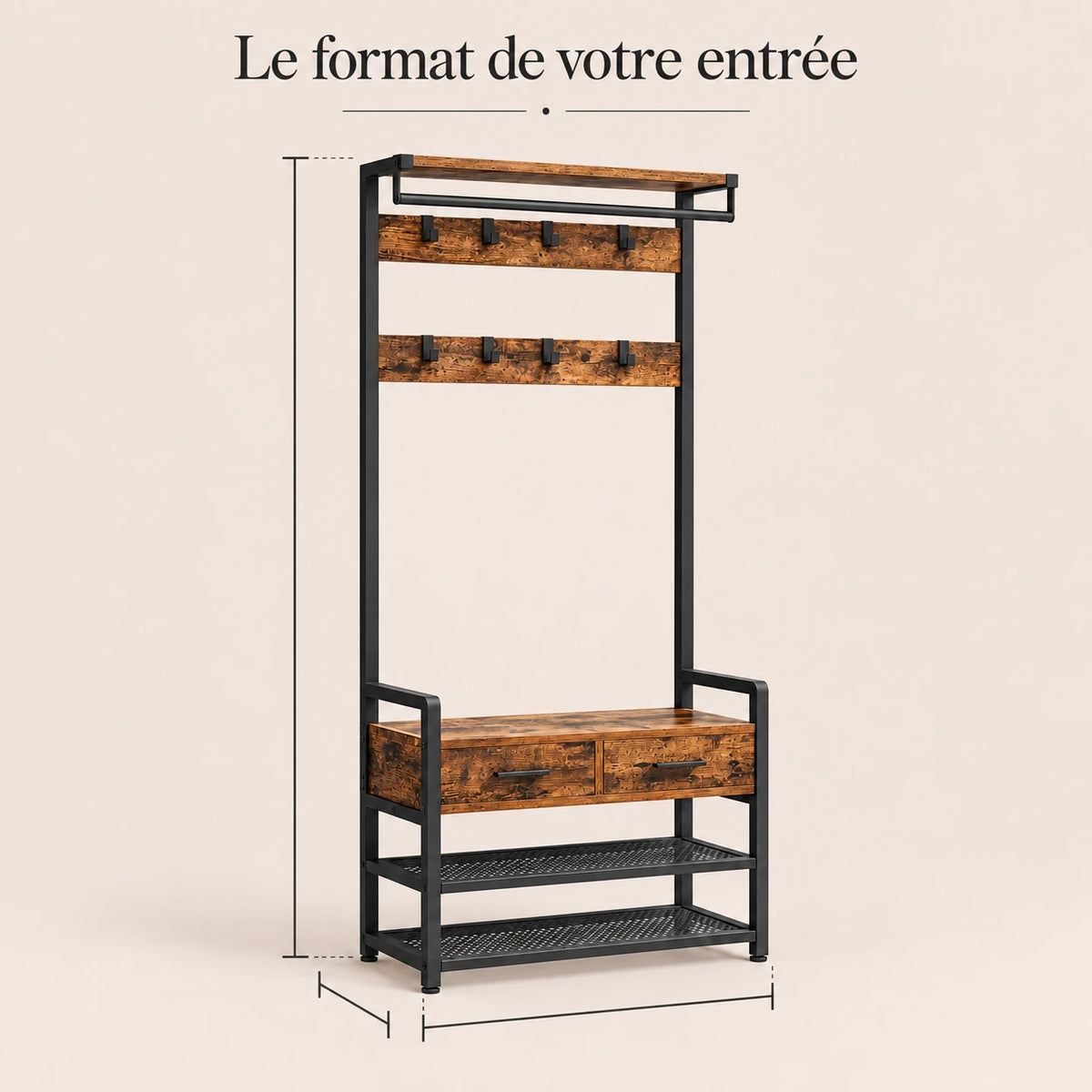 Porte-manteau vestiaire industriel 6 en 1 avec banc et tiroirs - format dans une entree