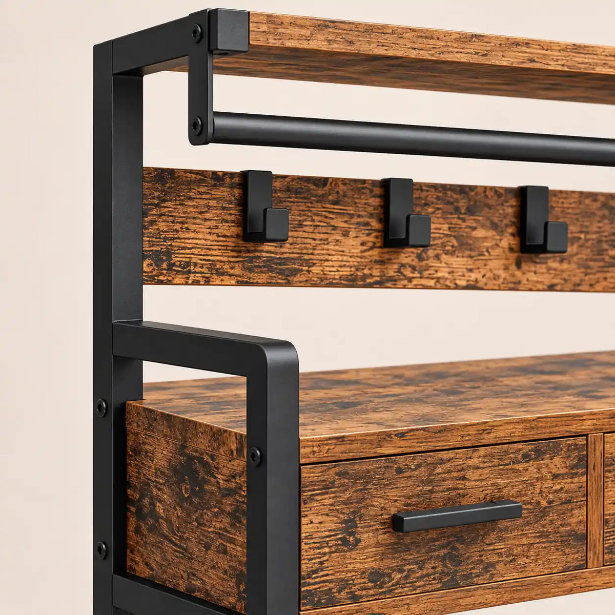 Porte-manteau vestiaire industriel 6 en 1 avec banc et tiroirs - detail des finitions