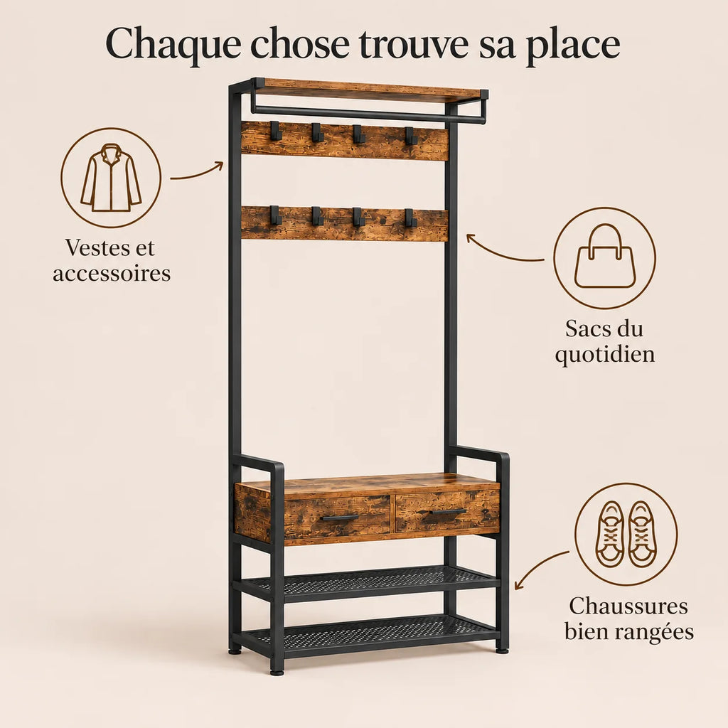 Porte-manteau vestiaire industriel 6 en 1 avec banc et tiroirs - conseils utilisation