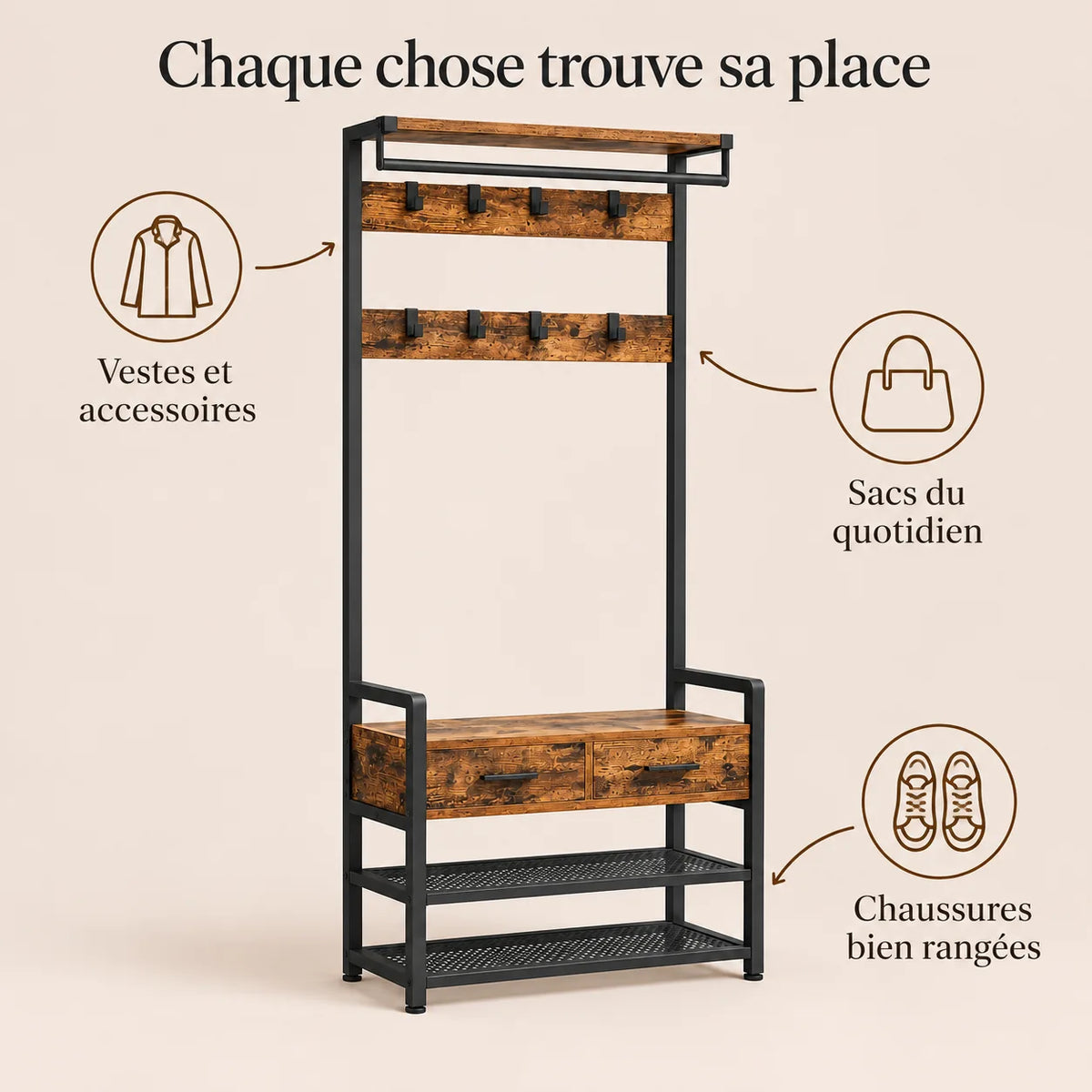 Porte-manteau vestiaire industriel 6 en 1 avec banc et tiroirs - conseils utilisation