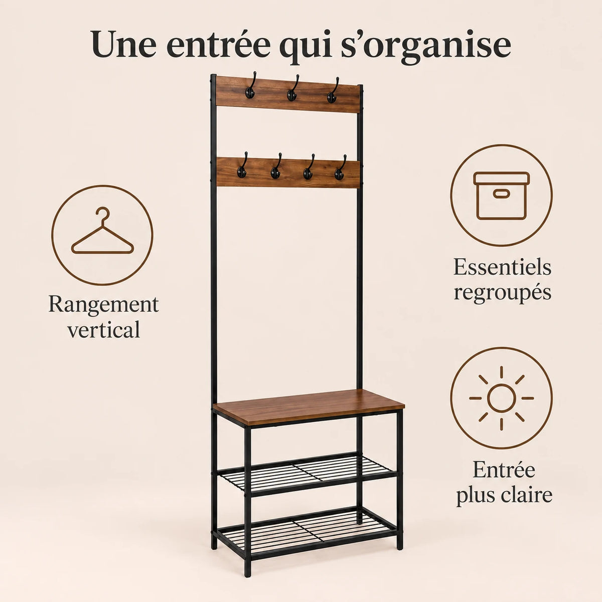 Porte-manteau vestiaire noir marron 7 crochets avec banc - benefices et organisation