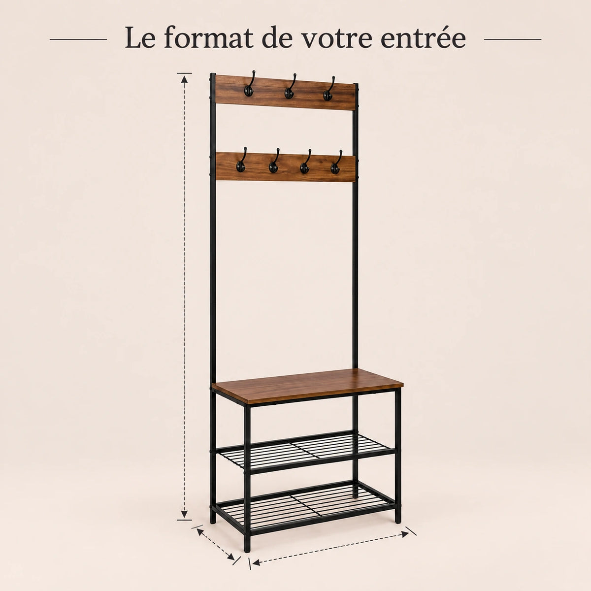 Porte-manteau vestiaire noir marron 7 crochets avec banc - format dans une entree