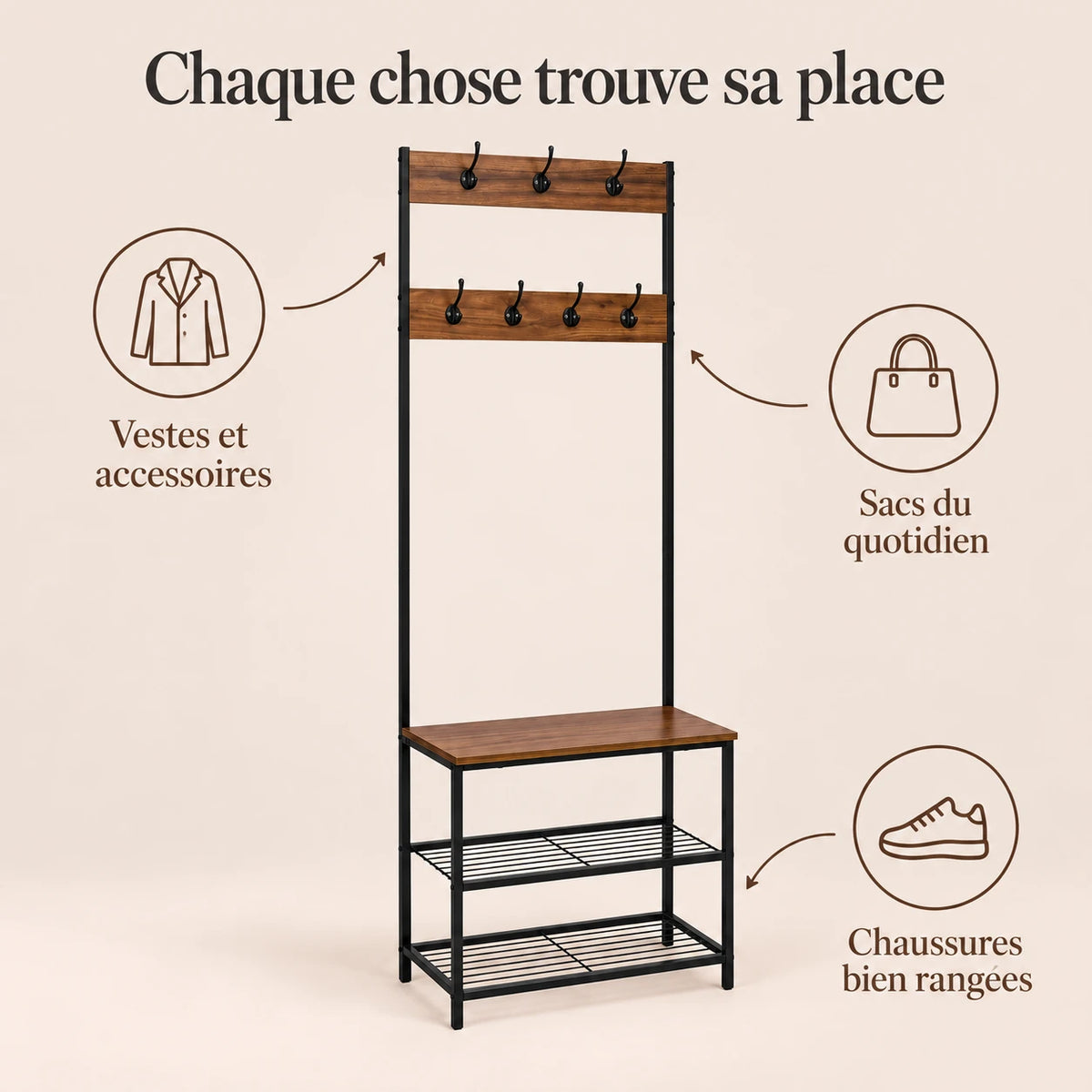 Porte-manteau vestiaire noir marron 7 crochets avec banc - conseils utilisation