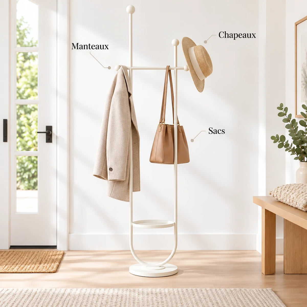 Portant sur pied design métal blanc 190 cm : avec manteau, sac et chapeau suspendus