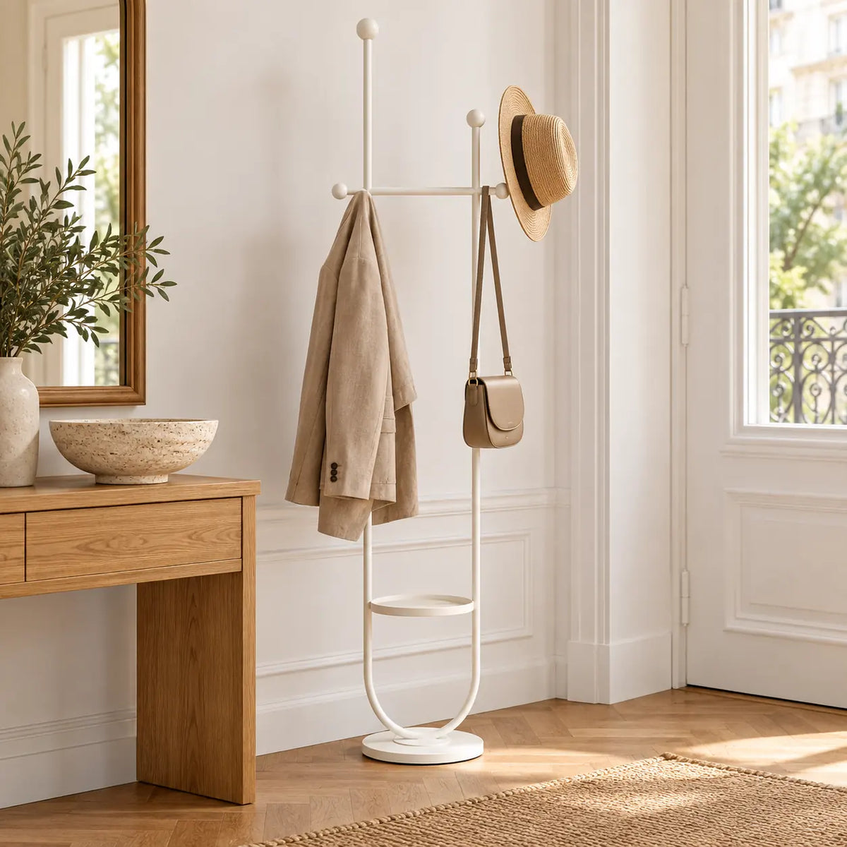 Portant sur pied design métal blanc 190 cm : installé dans une entrée lumineuse