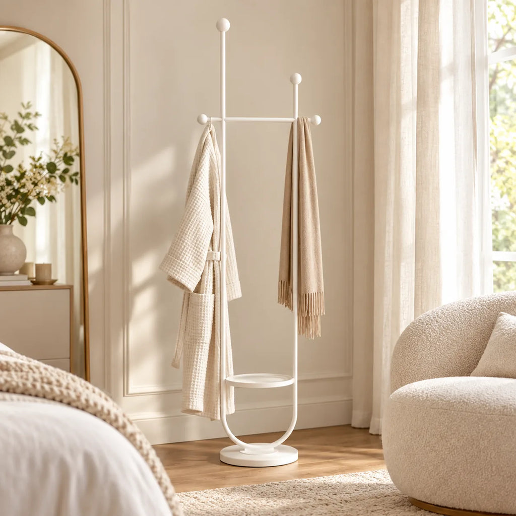 Portant sur pied design métal blanc 190 cm : installé dans un dressing clair