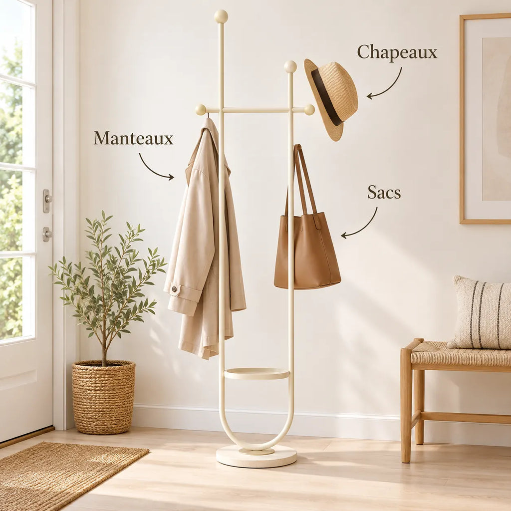 Portant sur pied design métal blanc cassé 190 cm : avec manteau, sac et chapeau suspendus