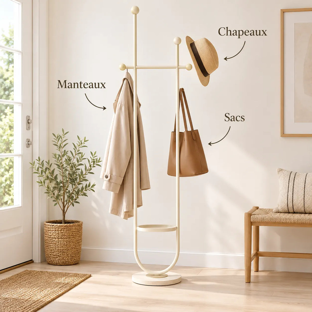 Portant sur pied design métal blanc cassé 190 cm : avec manteau, sac et chapeau suspendus