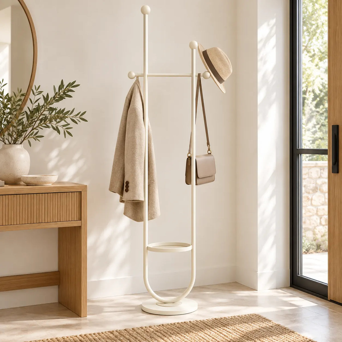 Portant sur pied design métal blanc cassé 190 cm : installé dans une entrée lumineuse