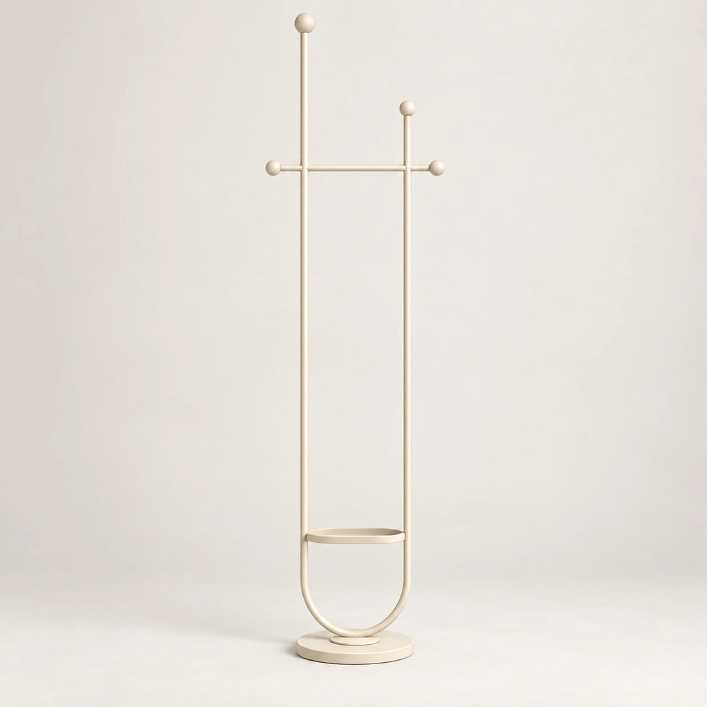 Portant sur pied design métal blanc cassé 190 cm : détail de la base circulaire et de la finition métal