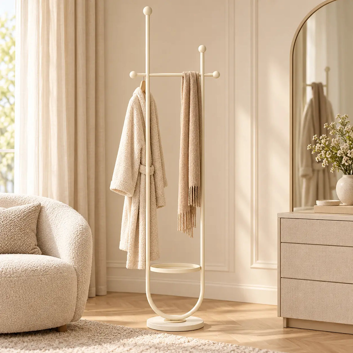Portant sur pied design métal blanc cassé 190 cm : installé dans un dressing clair