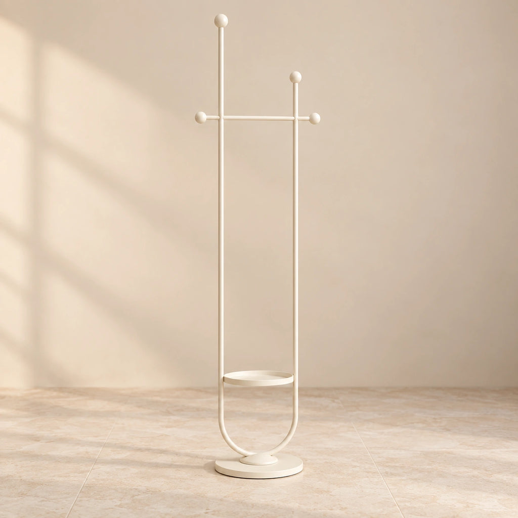 Portant sur pied design métal blanc crème 190 cm : vue complète du portant sur fond beige