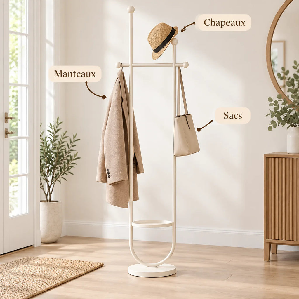 Portant sur pied design métal blanc crème 190 cm : avec manteau, sac et chapeau suspendus