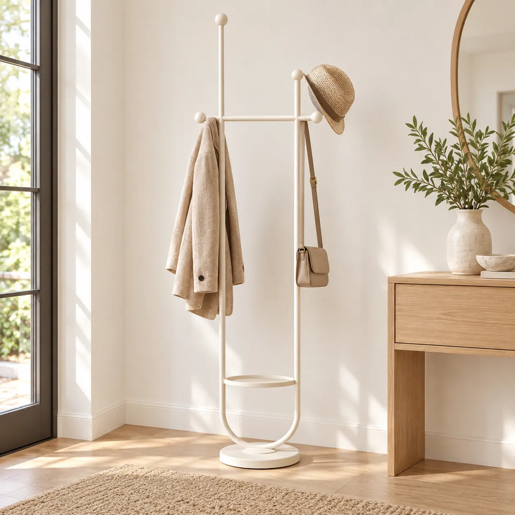 Portant sur pied design métal blanc crème 190 cm : installé dans une entrée lumineuse