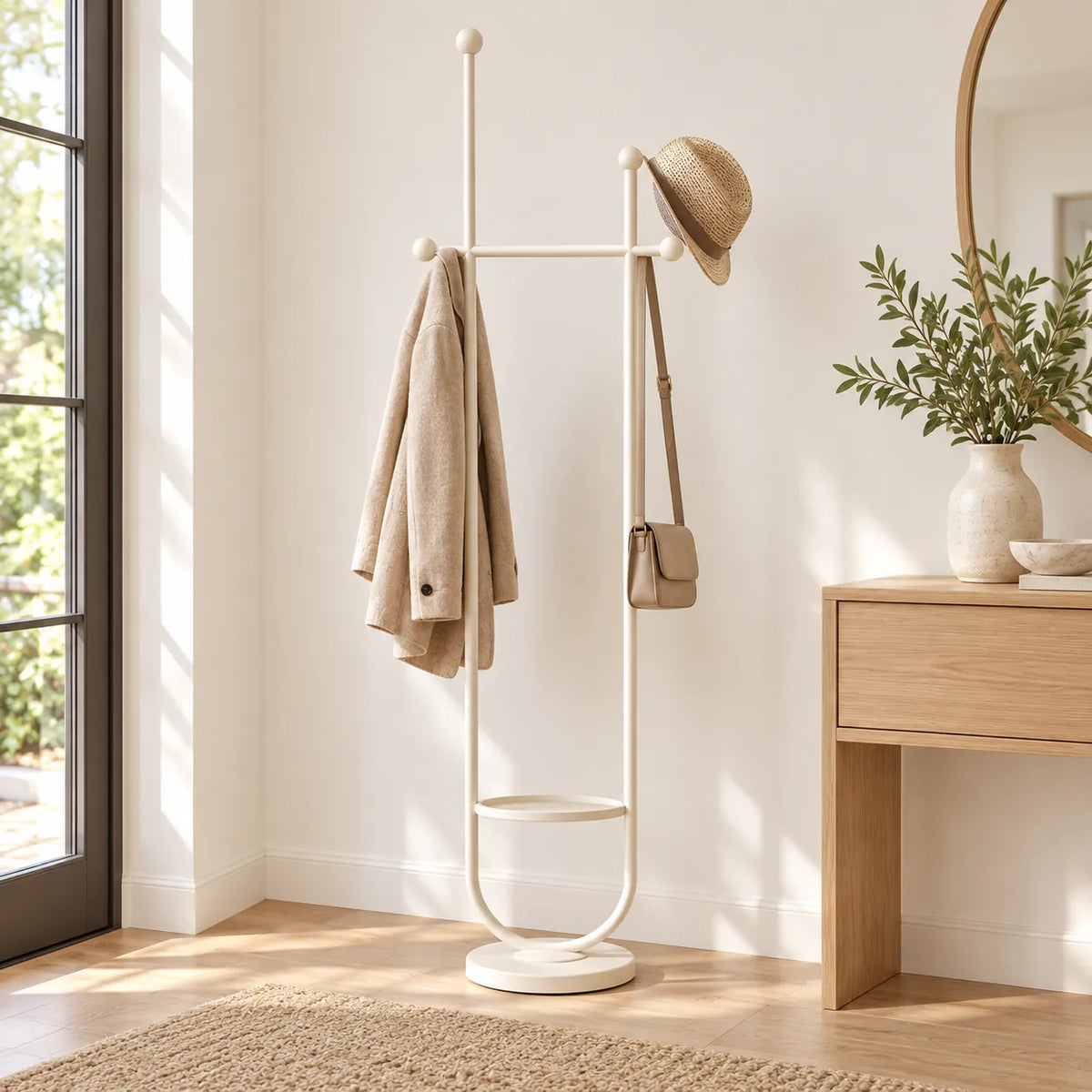 Portant sur pied design métal blanc crème 190 cm : installé dans une entrée lumineuse