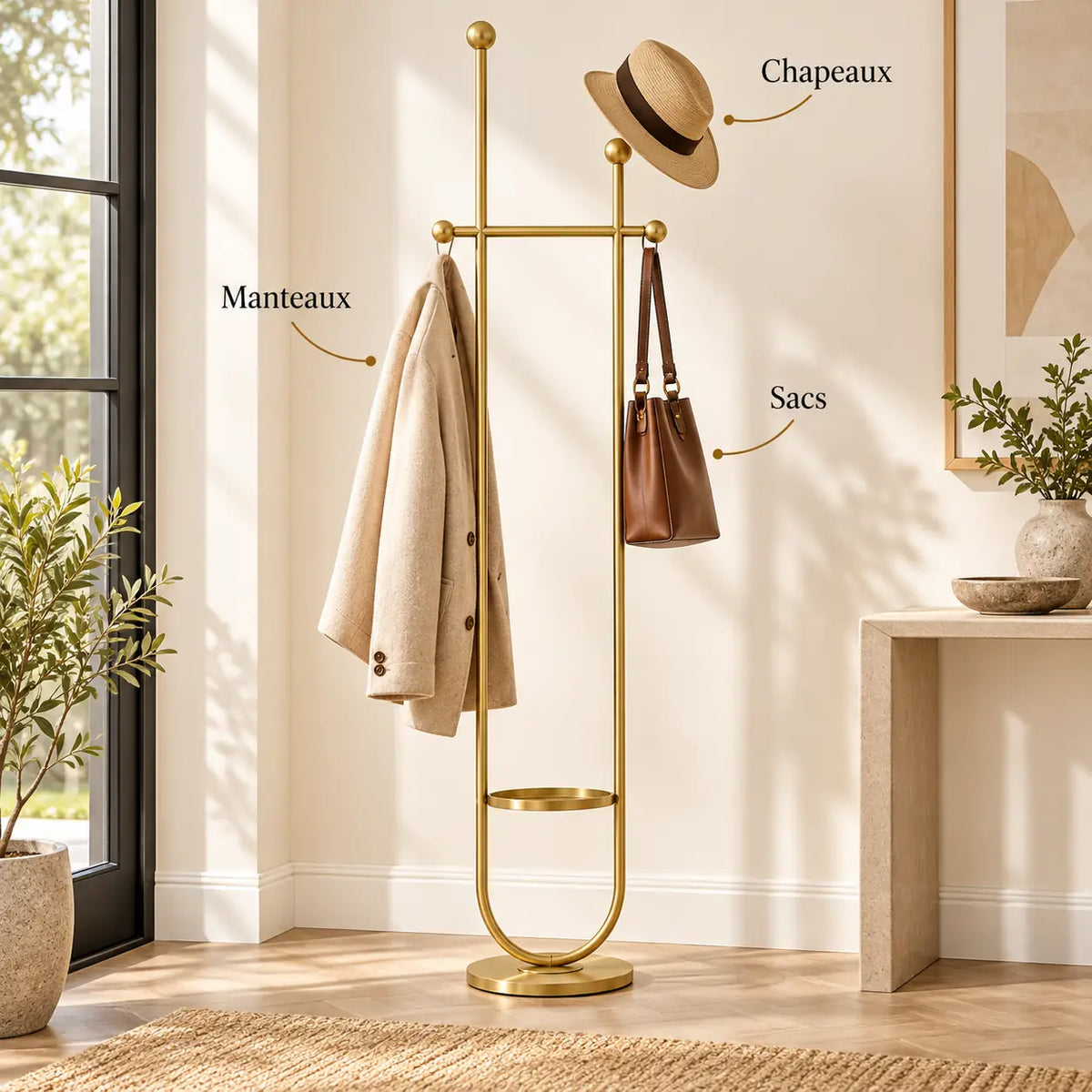 Portant sur pied design métal doré 190 cm : avec manteau, sac et chapeau suspendus