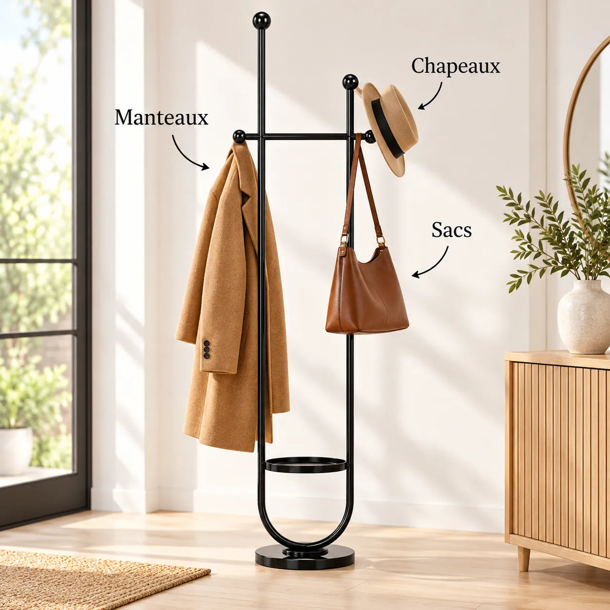 Portant sur pied design métal noir brillant 190 cm : avec manteau, sac et chapeau suspendus