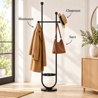 Portant sur pied design métal noir brillant 190 cm : avec manteau, sac et chapeau suspendus