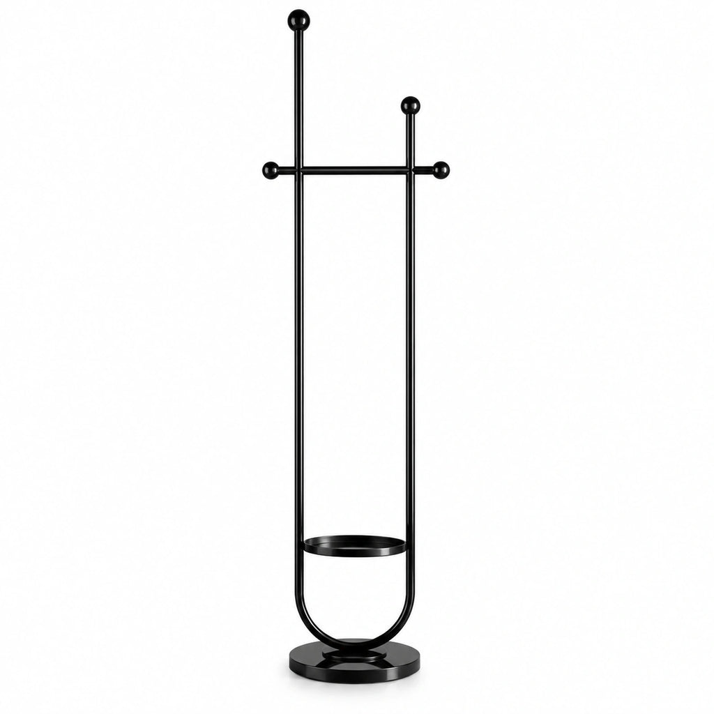 Portant sur pied design métal noir brillant 190 cm : détail de la base circulaire et de la finition métal