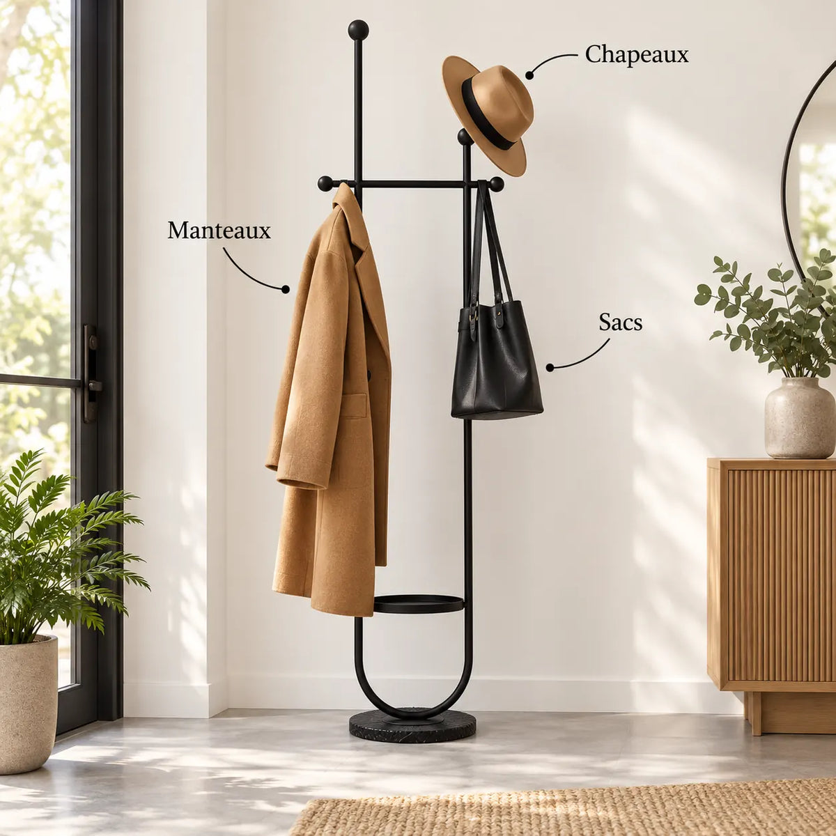 Portant sur pied design métal noir mat 190 cm : avec manteau, sac et chapeau suspendus
