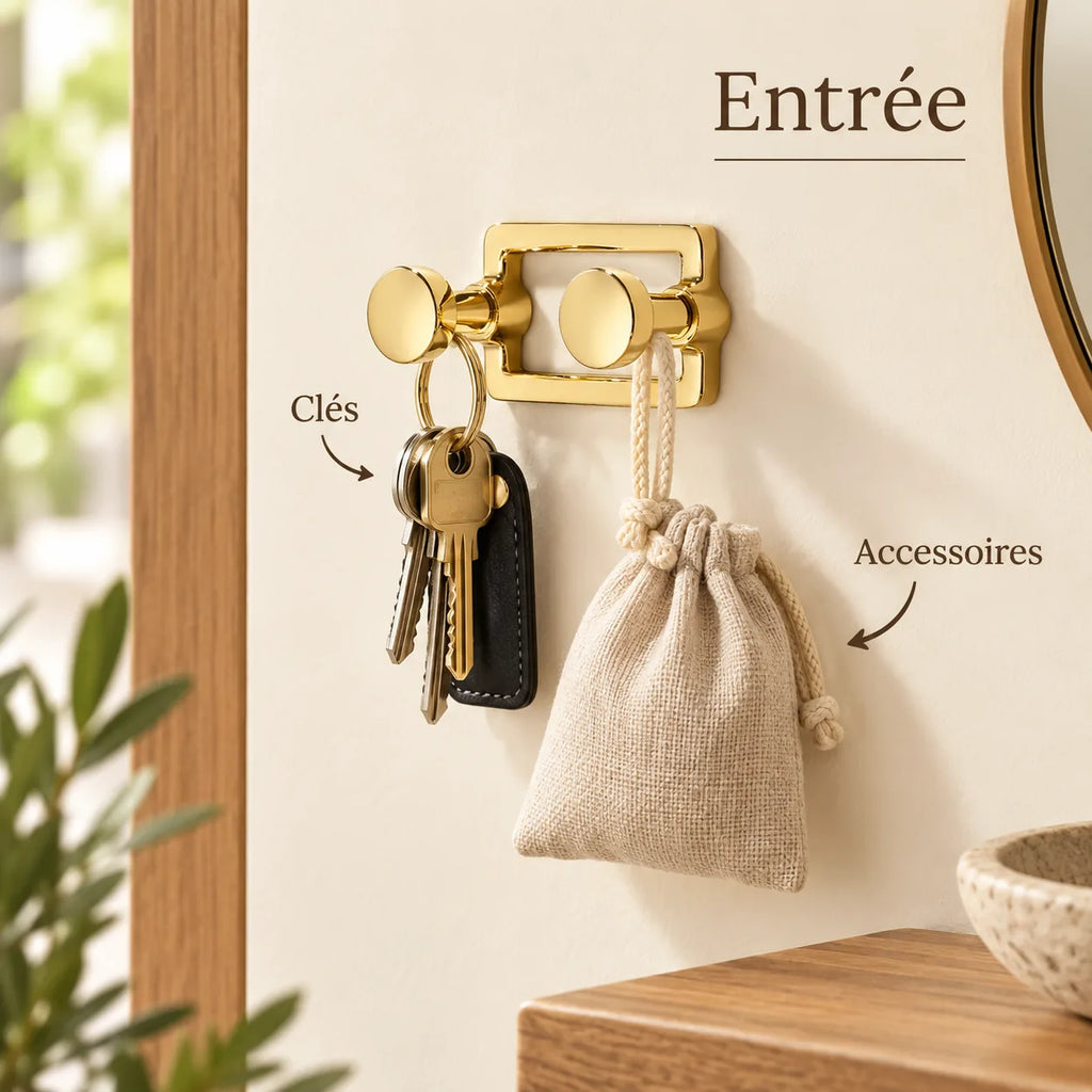 Crochet mural doré 2 positions zinc or brillant, porte-manteau mural doré : exemples d'accessoires suspendus