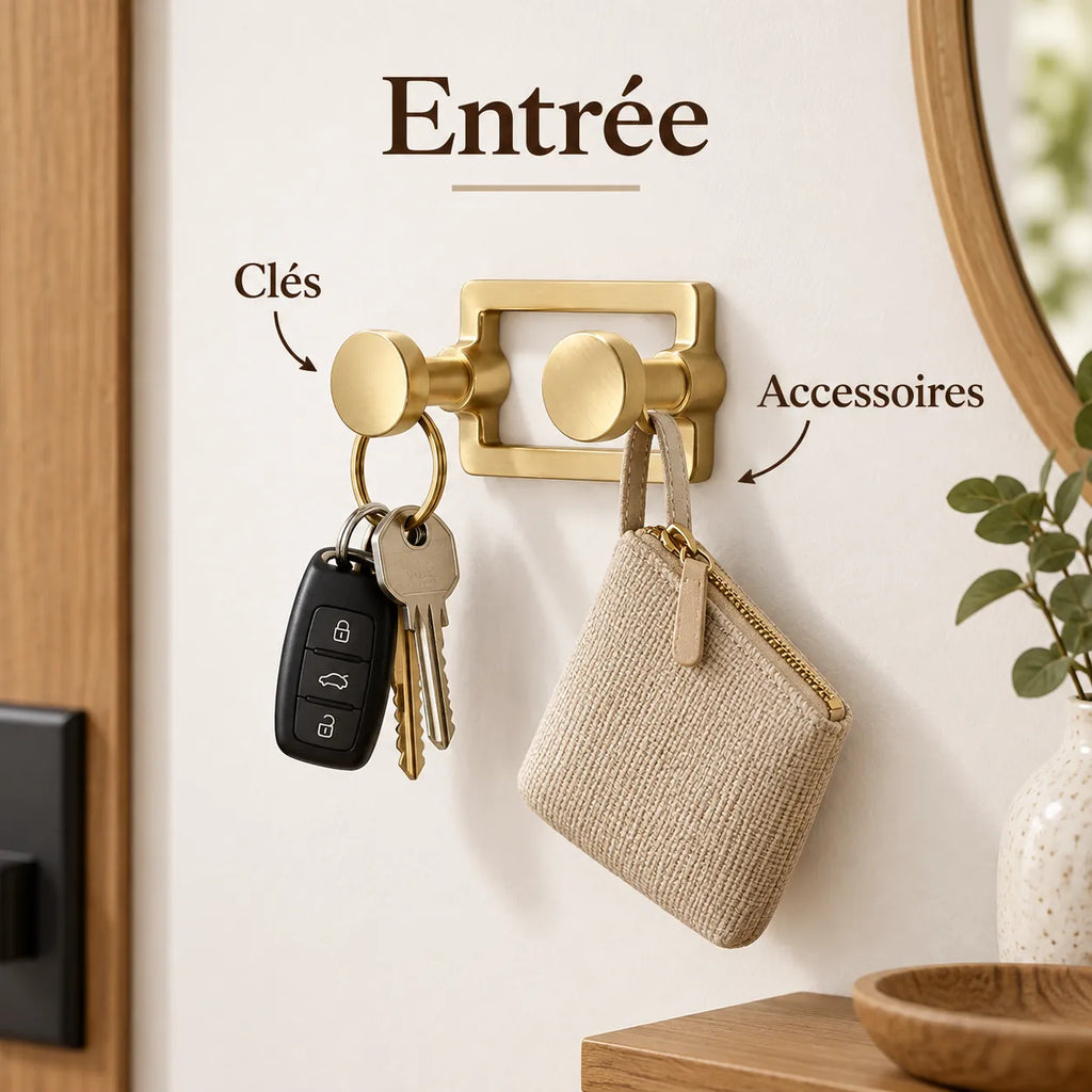 Crochet mural doré brossé 2 positions zinc, porte-manteau mural or brossé : exemples d'accessoires suspendus