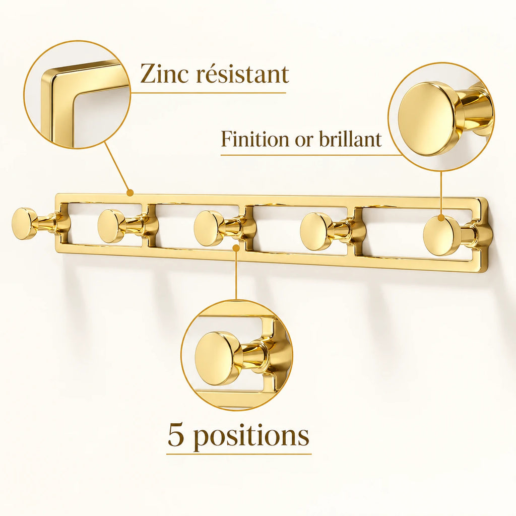 Crochet mural doré 5 positions zinc or brillant, porte-manteau mural doré : infographie des avantages et de la finition dorée