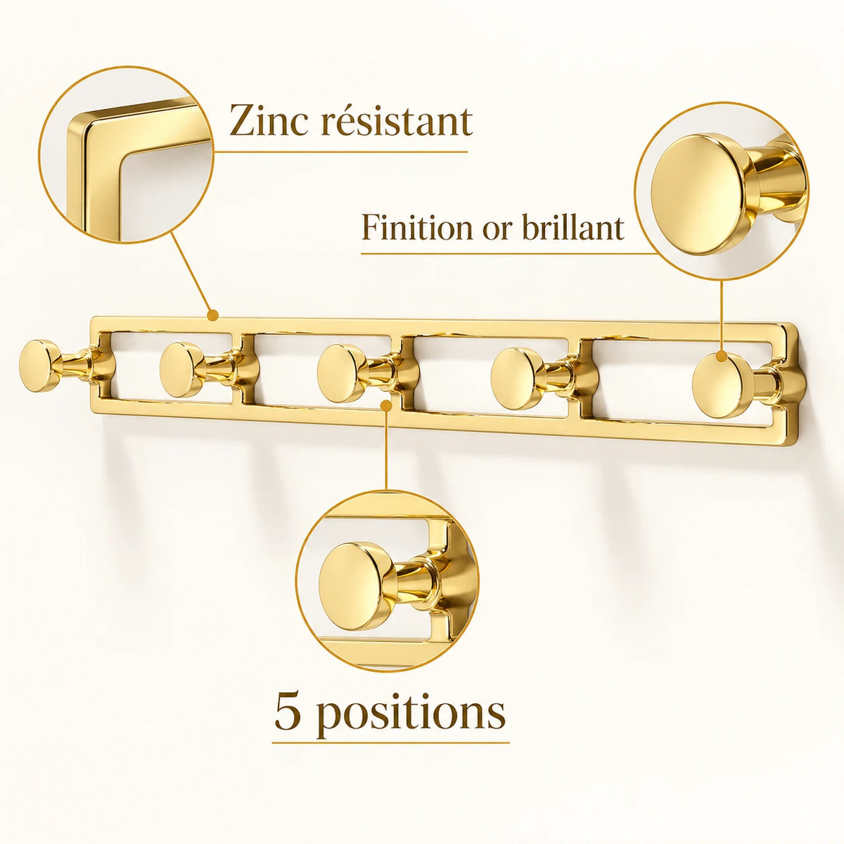 Crochet mural doré 5 positions zinc or brillant, porte-manteau mural doré : infographie des avantages et de la finition dorée