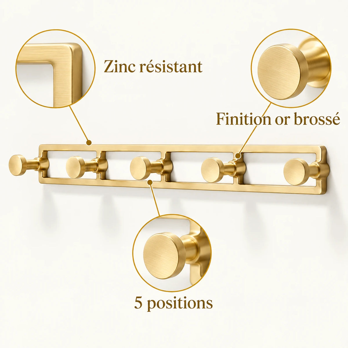 Crochet mural doré brossé 5 positions zinc, porte-manteau mural or brossé : infographie des avantages et de la finition dorée