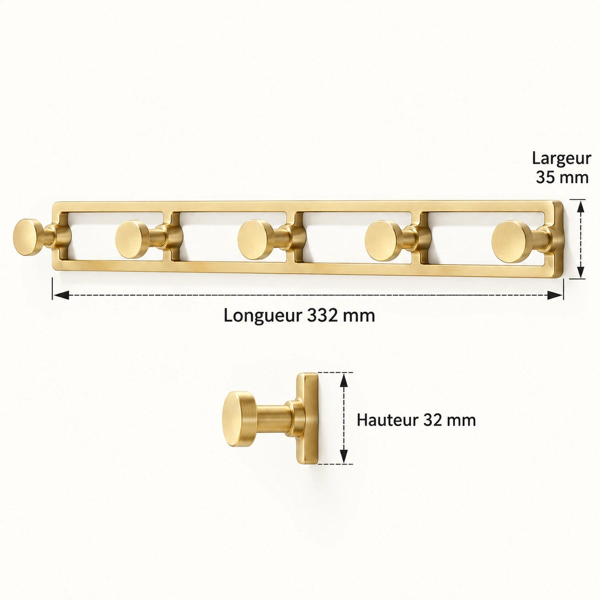 Crochet mural doré brossé 5 positions zinc, porte-manteau mural or brossé : infographie des dimensions