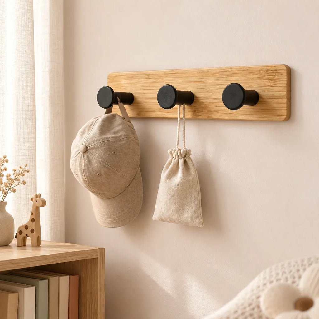 Patère en bambou à trois crochets noirs dans une chambre d’enfant aux tons beige et bois naturel.