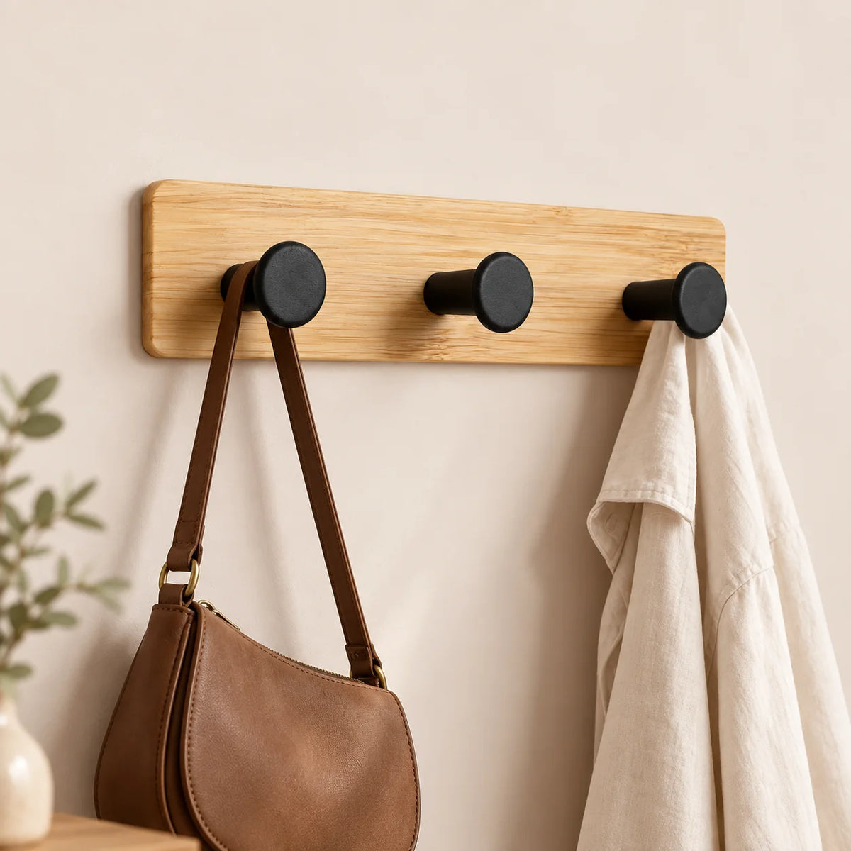 Patère murale bambou avec sac et vêtement léger suspendus dans une entrée beige.