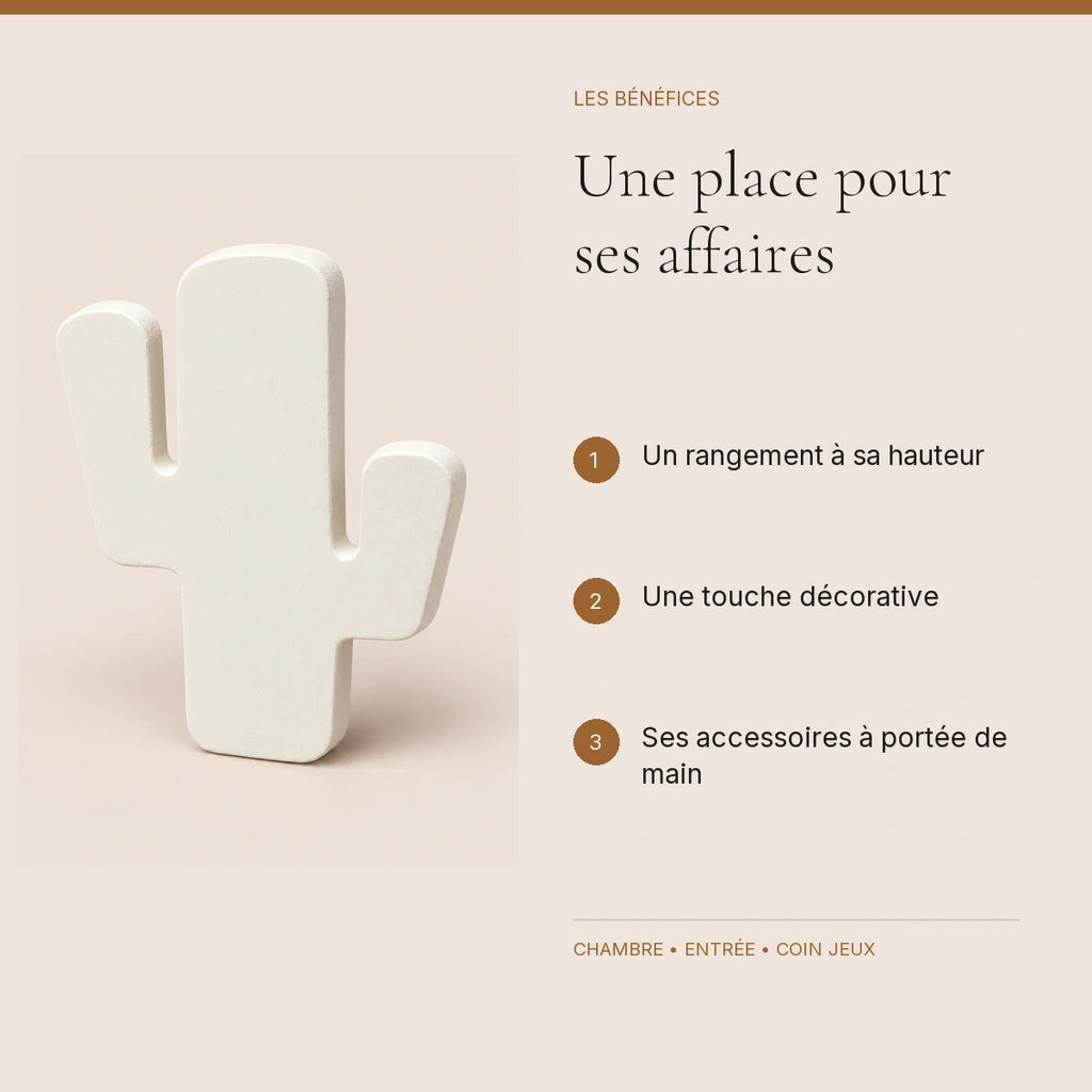 Crochet mural en bois motif Cactus blanc pour chambre enfant – bénéfices pour organiser la chambre enfant