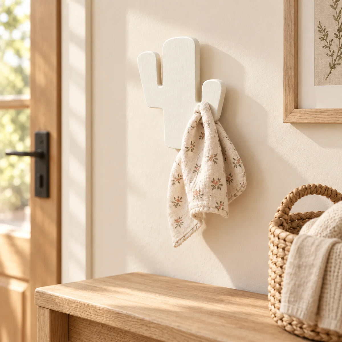 Crochet mural en bois motif Cactus blanc pour chambre enfant – dans une entrée familiale