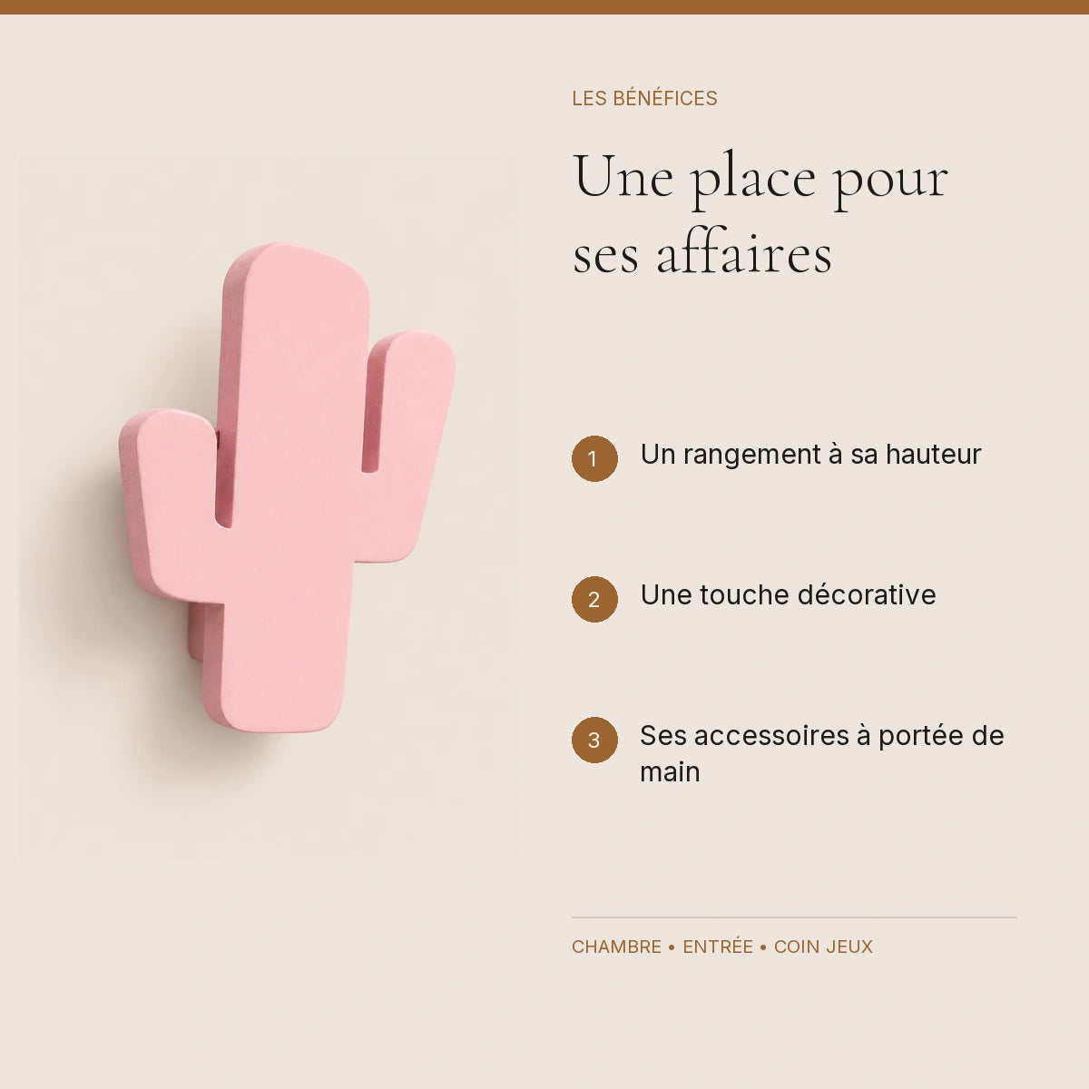 Crochet mural en bois motif Cactus poudré pour chambre enfant – bénéfices pour organiser la chambre enfant