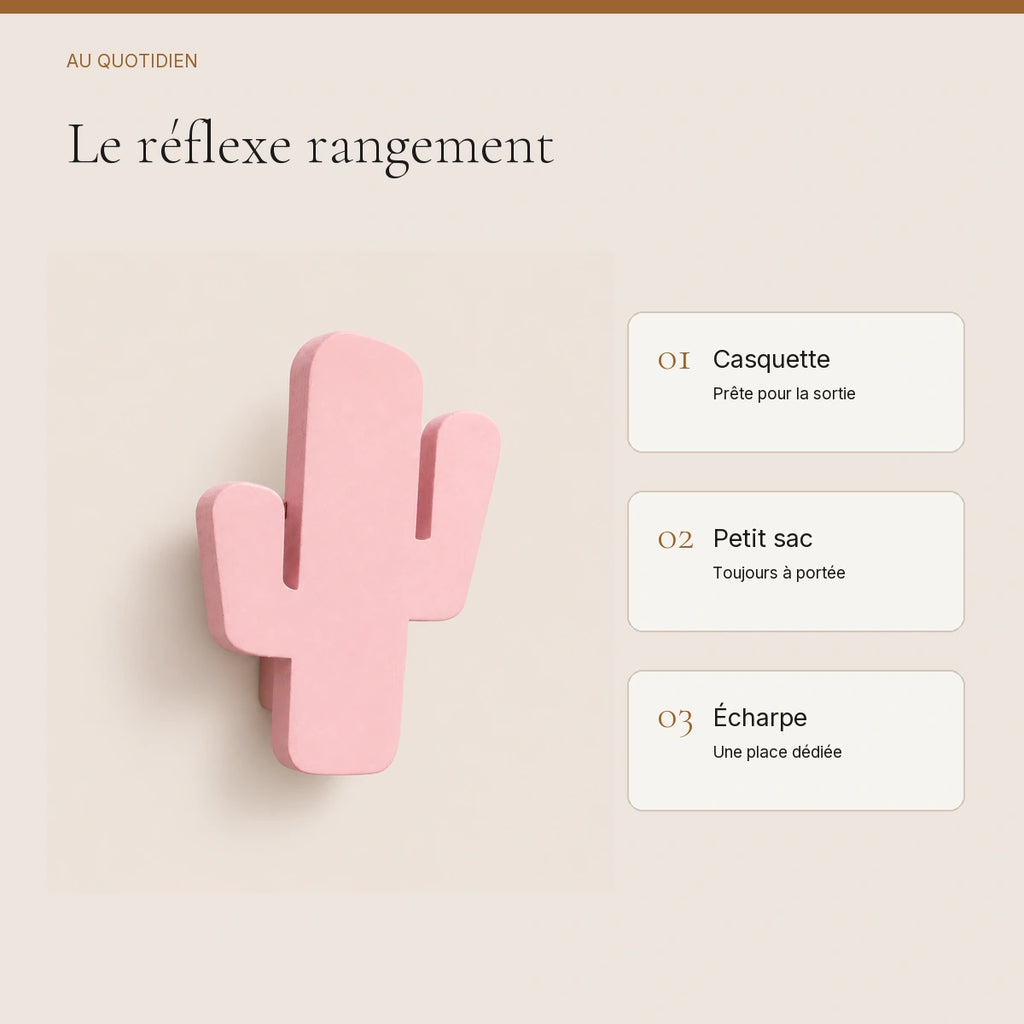 Crochet mural en bois motif Cactus poudré pour chambre enfant – idées pour ranger les accessoires enfant