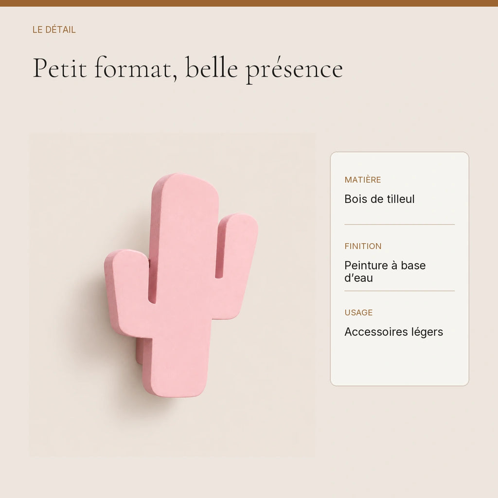 Crochet mural en bois motif Cactus poudré pour chambre enfant – détail du bois peint et de la finition