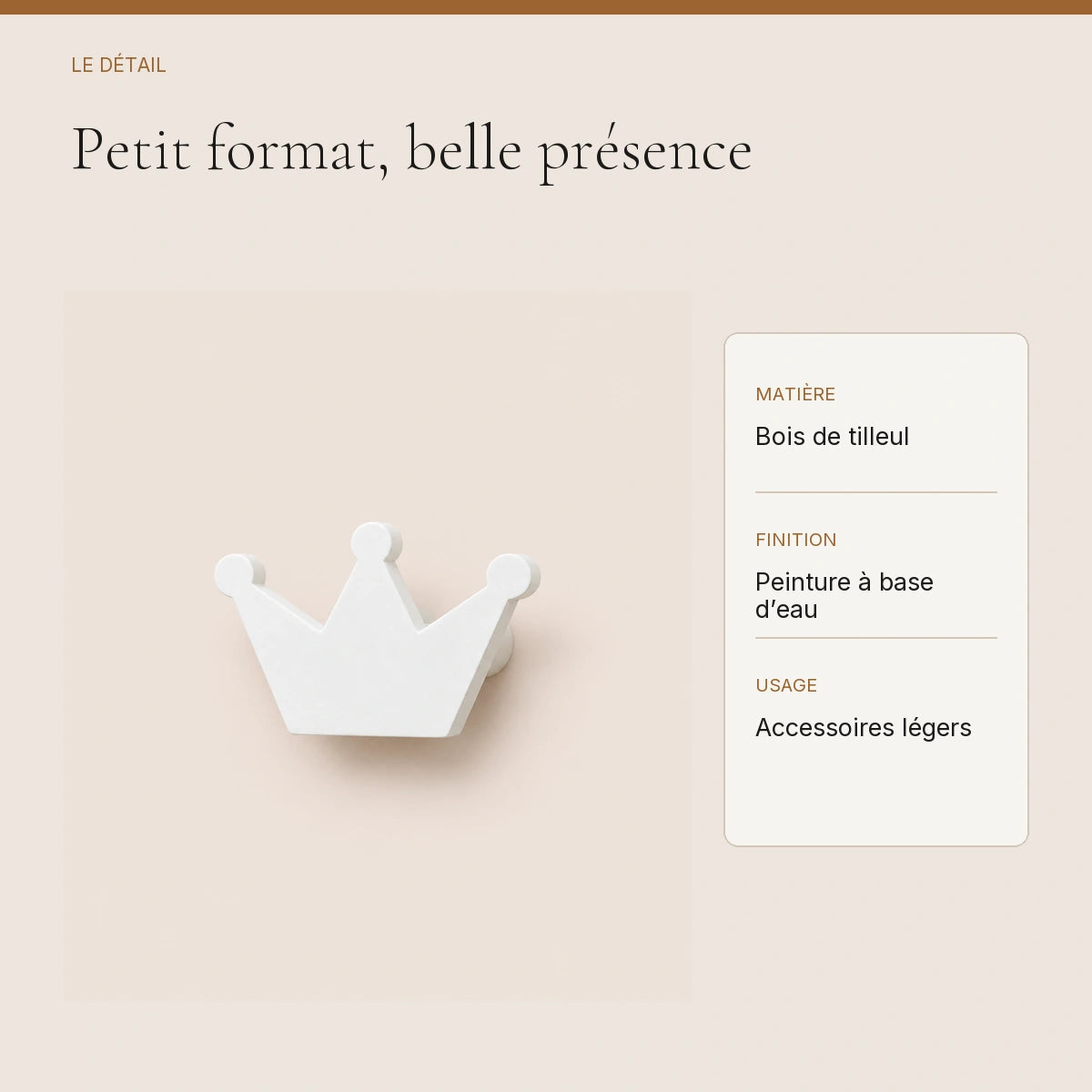 Crochet mural en bois motif Couronne blanche pour chambre enfant – détail du bois peint et de la finition
