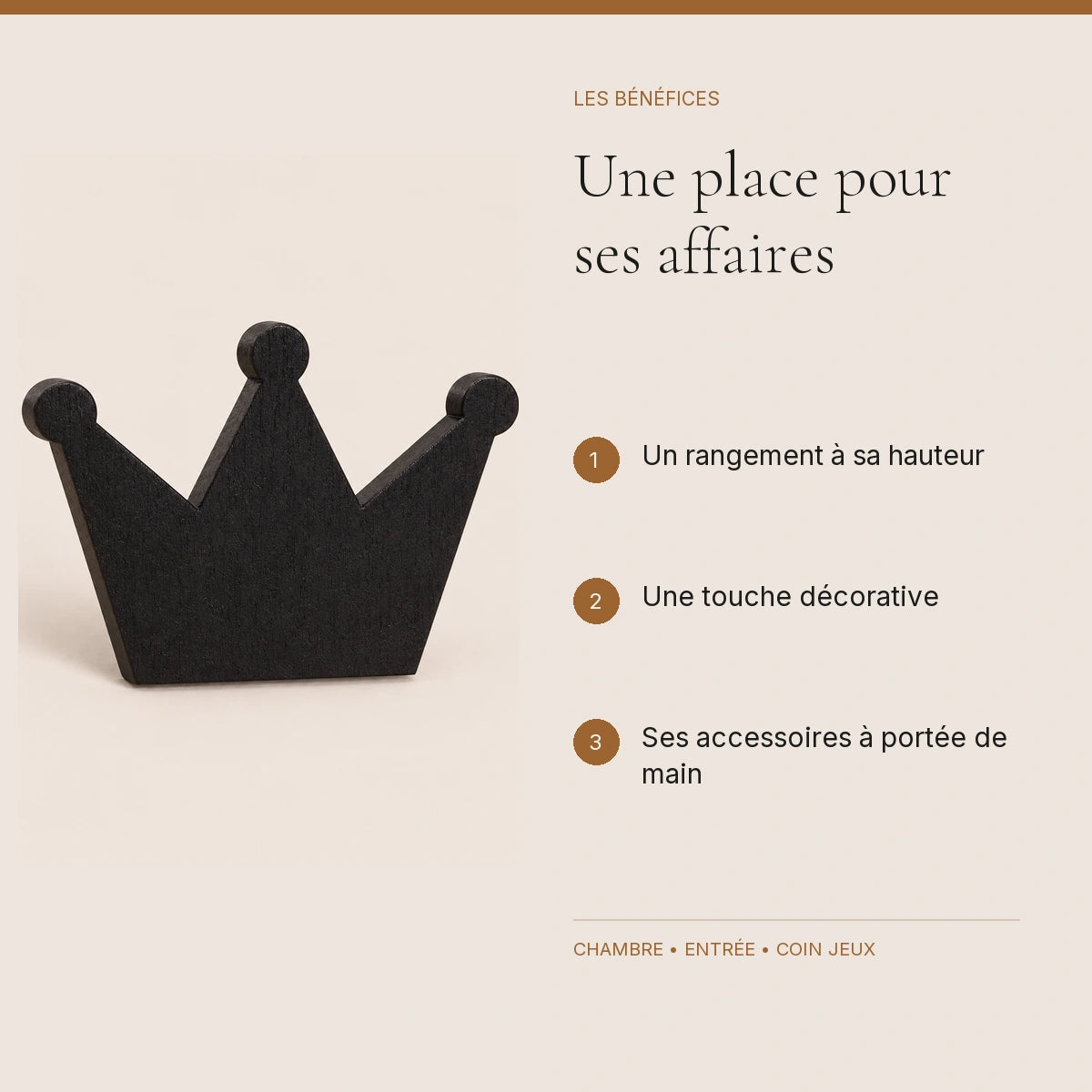 Crochet mural en bois motif Couronne noire pour chambre enfant – bénéfices pour organiser la chambre enfant